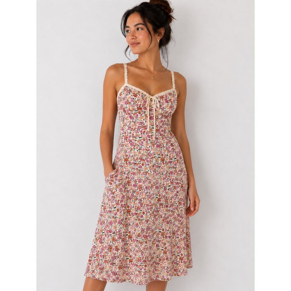 NWT COMMENSE Floral Tie Front Midi Dress M Cottagecore Romantic